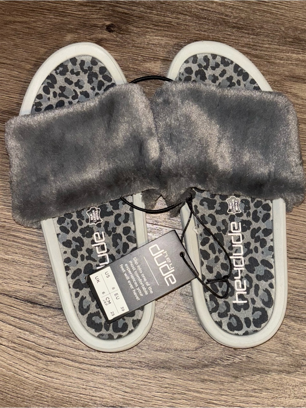 Hey Dude Grey Faux Fur Slide Sandals with Leopard Print Footbed